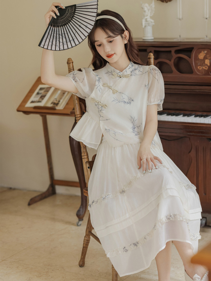 2024 New Women's Bamboo Shadow New Chinese Short-Sleeved Shirt High Waist Skirt Two-Piece Set 40