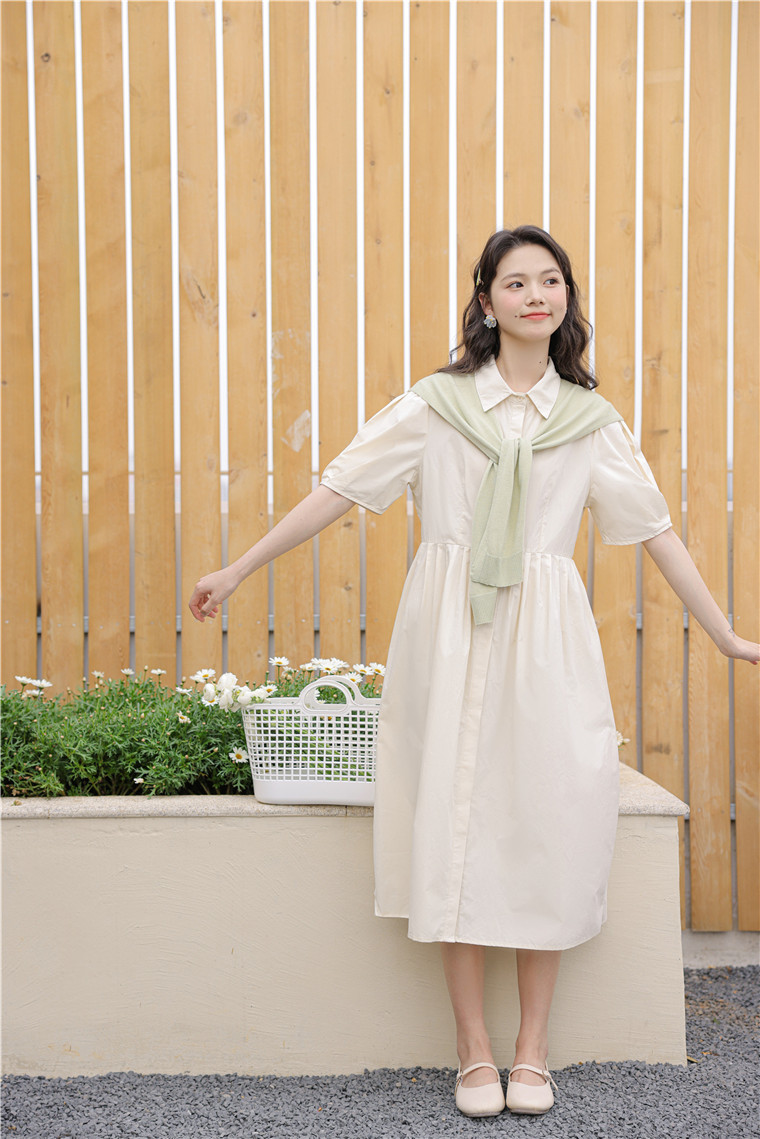 Polo Buttoned Dress with Knit Shawl 排扣连衣裙+针织披肩 *2 Colors