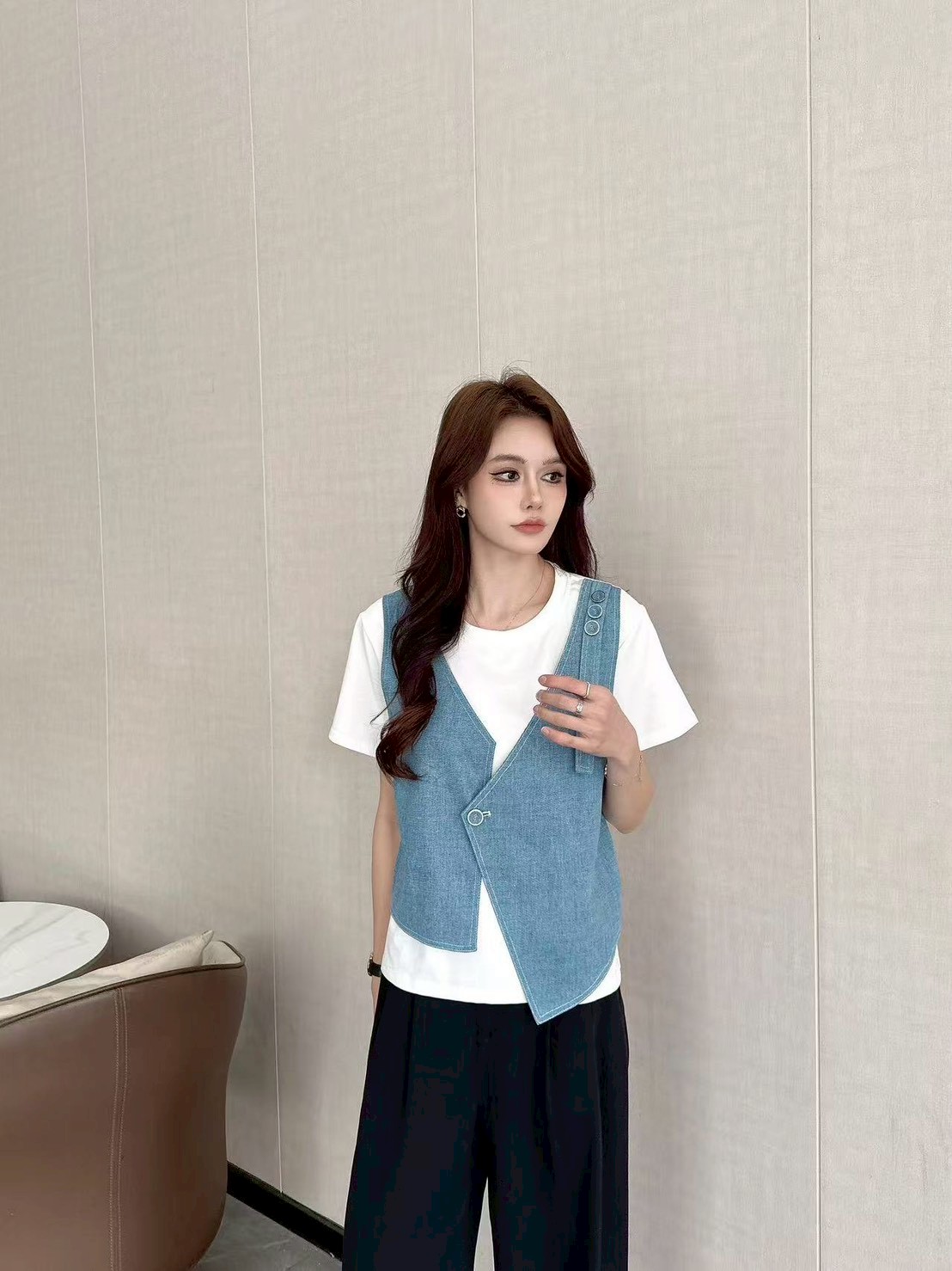 Denim Vest Faux Two-Piece Top 牛仔马甲假两件上衣*4 Colors