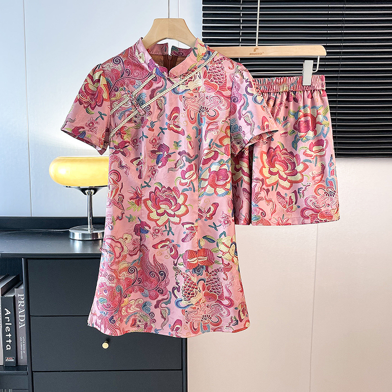 Real Shot New Chinese Style National Style Elegant Stand Collar Jacquard Classical Pattern Ethnic Style Improved Summer Top and Shorts Set