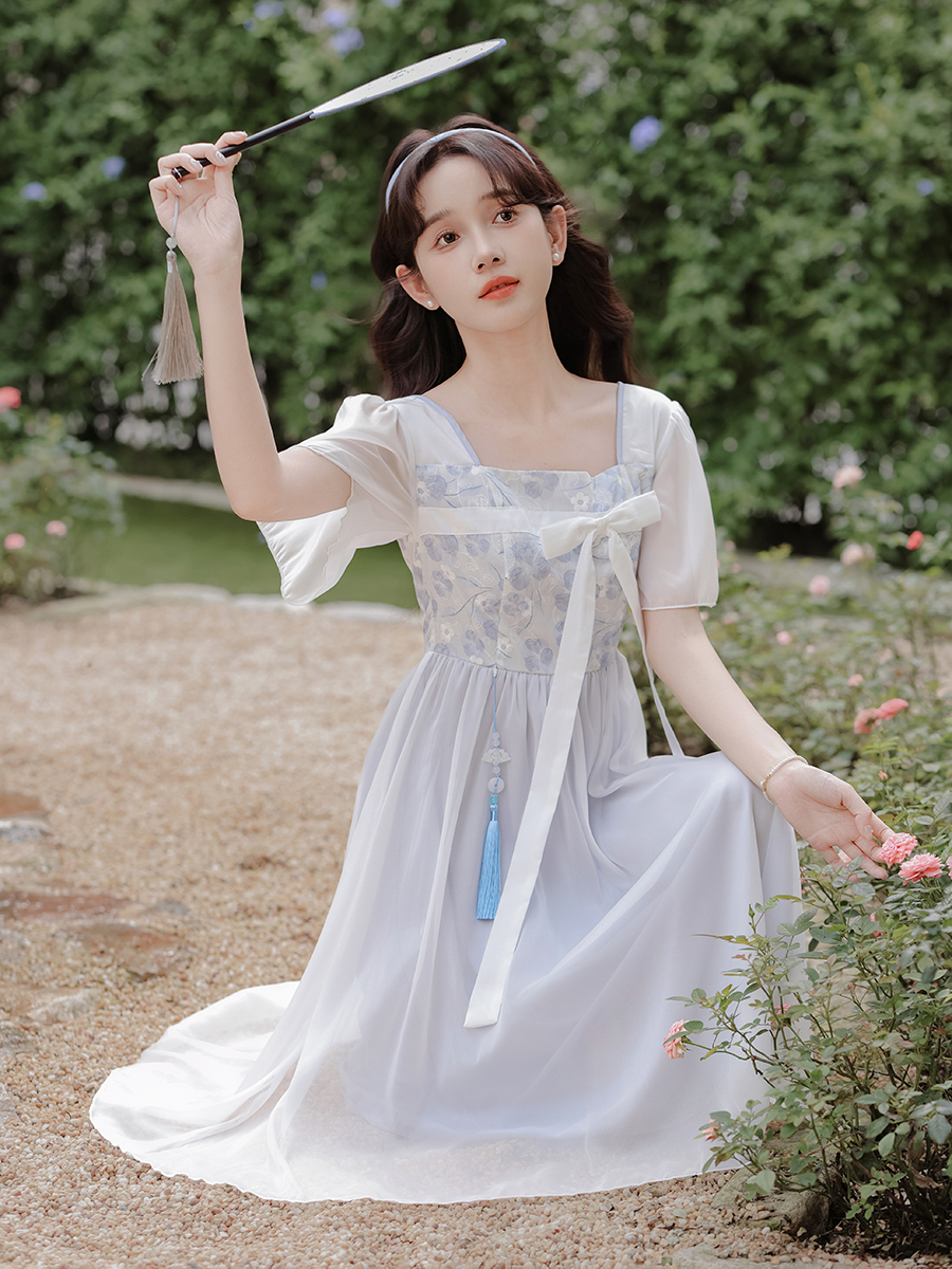New Chinese Floating Flower Jiangnan Improved Hanfu Embroidery Tassel Gentle Vacation Skirt Fairy Dress