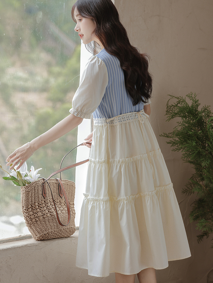 Artistic Vintage Skirt Women's 2024 Summer New Imitation Denim Striped Stitching Fake Two Pieces Short Sleeve Dress 50