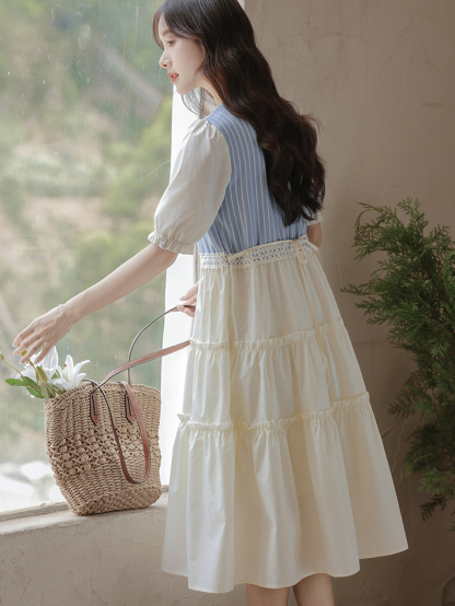 Artistic Vintage Skirt Women's 2024 Summer New Imitation Denim Striped Stitching Fake Two Pieces Short Sleeve Dress 50