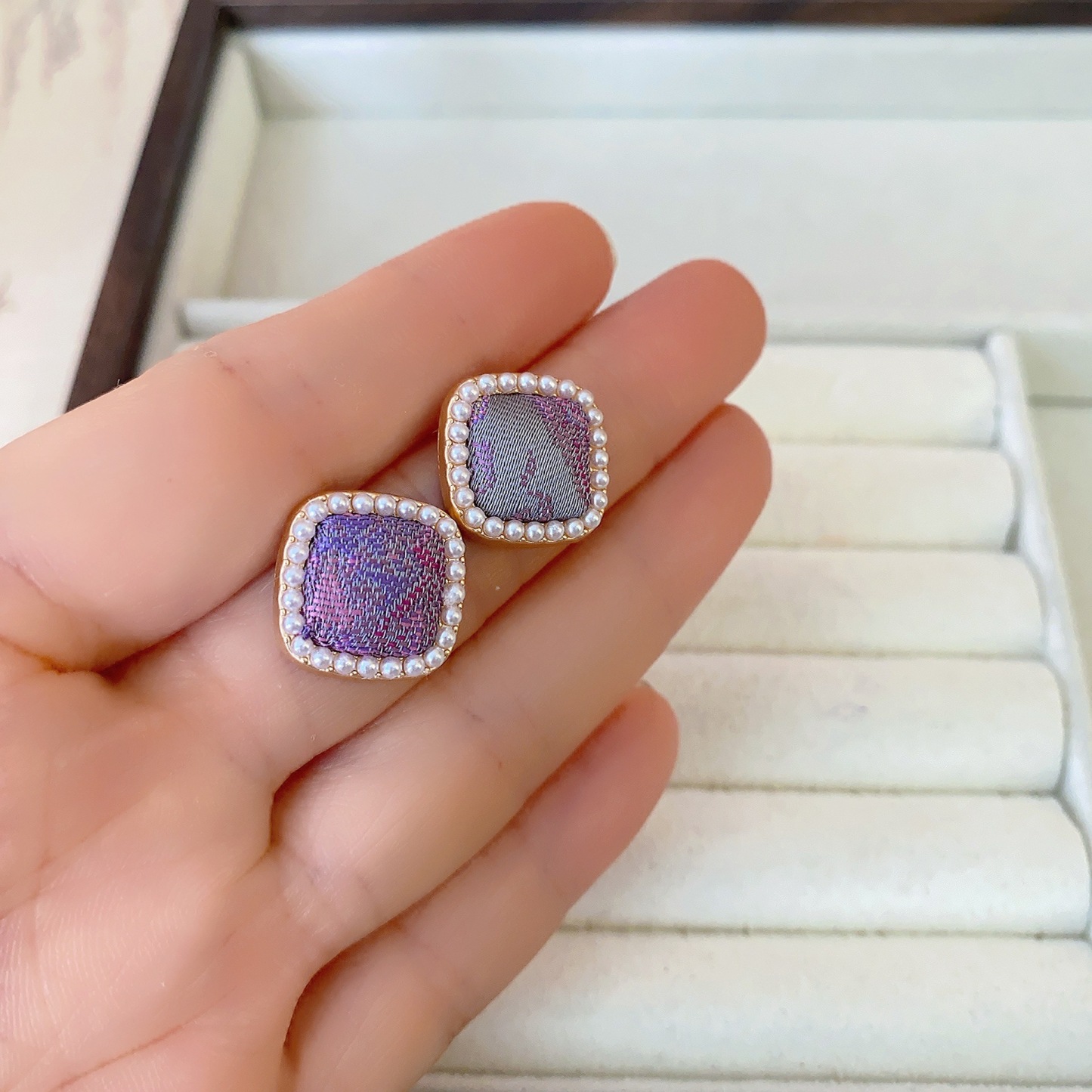 Square Song Brocade Earrings for Women with Pearls, 925 Silver Stud Earrings, Vintage Style Accessories, New Chinese Style Finished Product in Stock