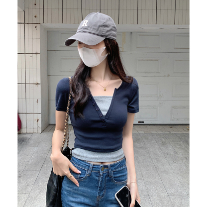 Faux Layered V-Neck Top 假两件V领上衣*4 Colors