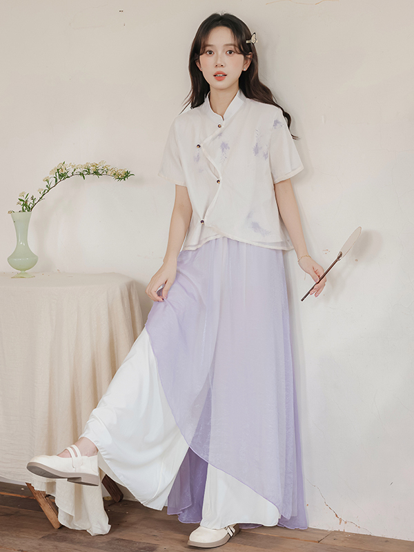 藤萝紫色中式上衣阔腿裤套装