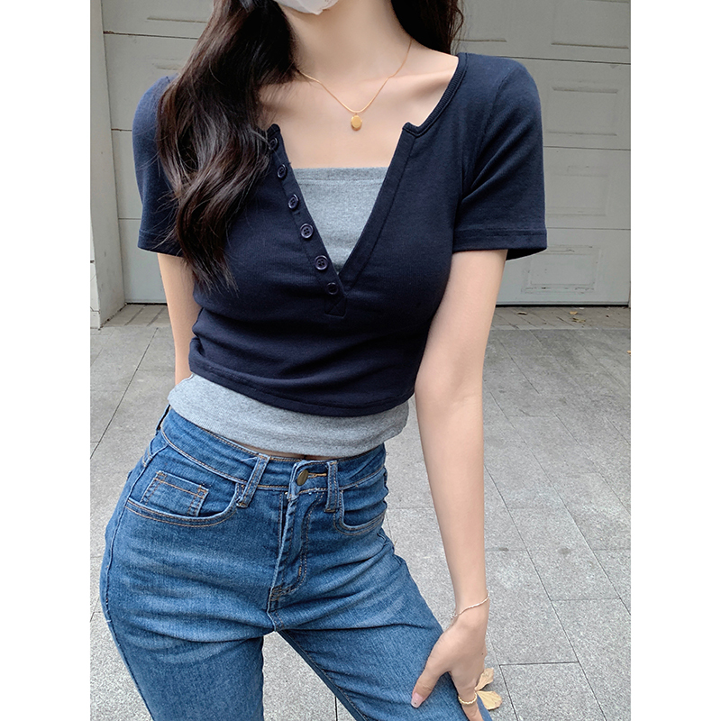 Faux Layered V-Neck Top 假两件V领上衣*4 Colors