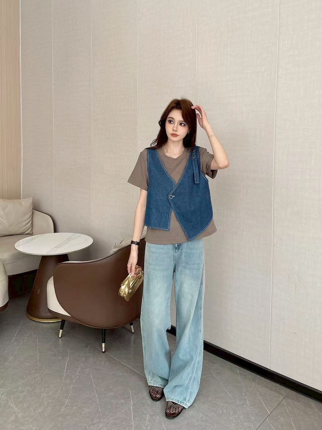 Denim Vest Faux Two-Piece Top 牛仔马甲假两件上衣*4 Colors