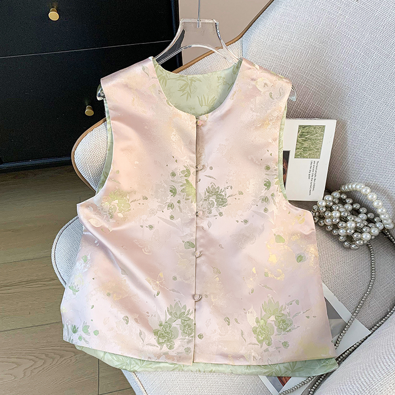 刺绣织金马面裙 Reversible Improved Buckle Satin Jacquard Embroidery Hanfu Tang Suit Classical Vest Top