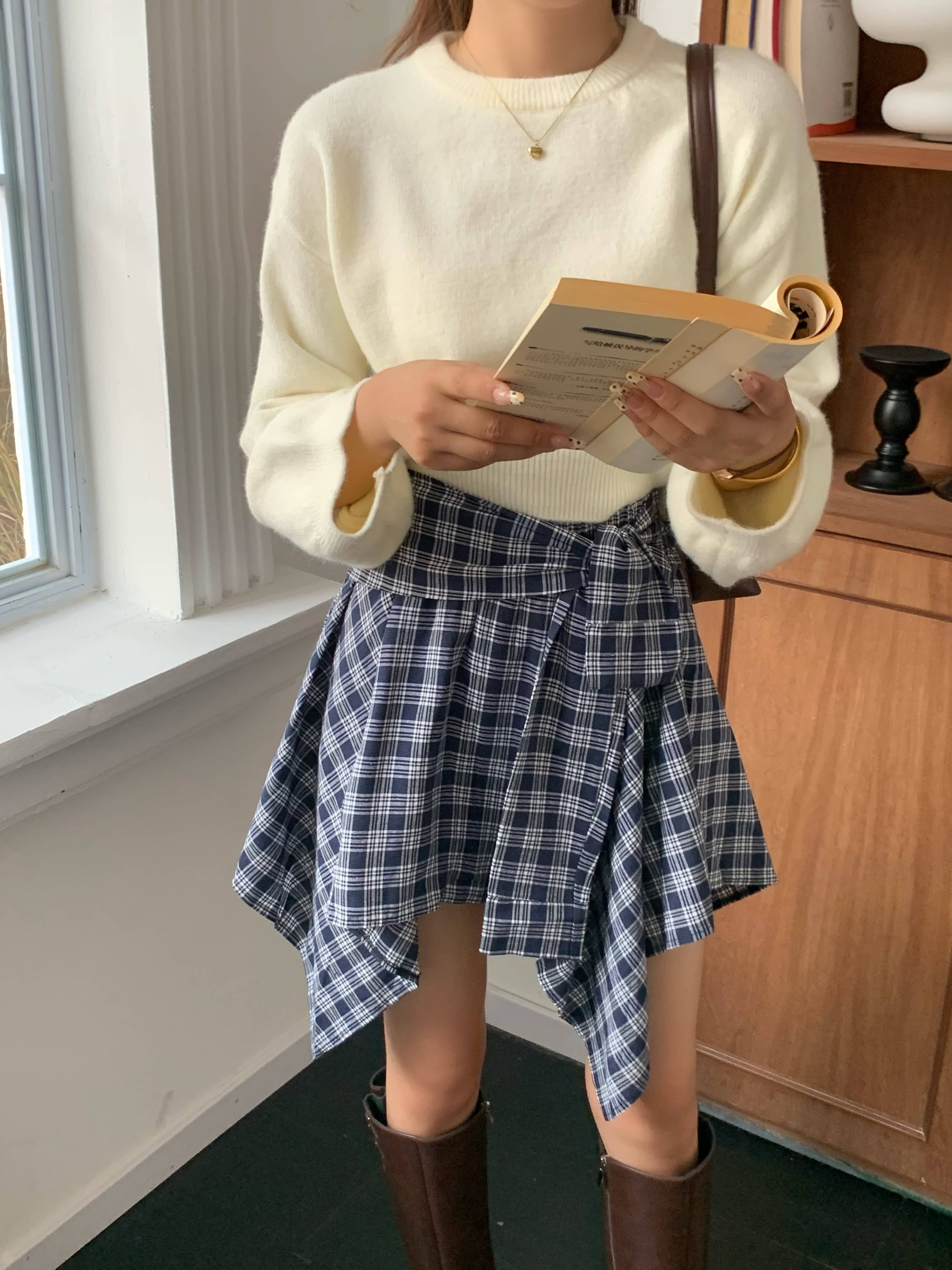 Plaid Ribbon-Tie Asymmetrical Skirt 不规则绑带格纹短裙*4 Colors