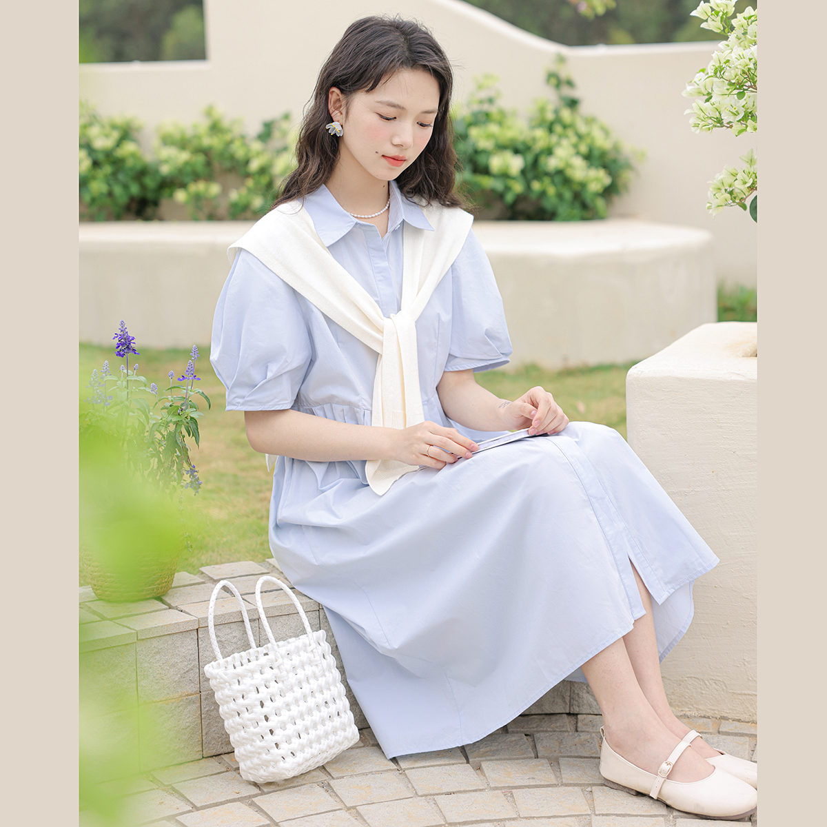 Polo Buttoned Dress with Knit Shawl 排扣连衣裙+针织披肩 *2 Colors