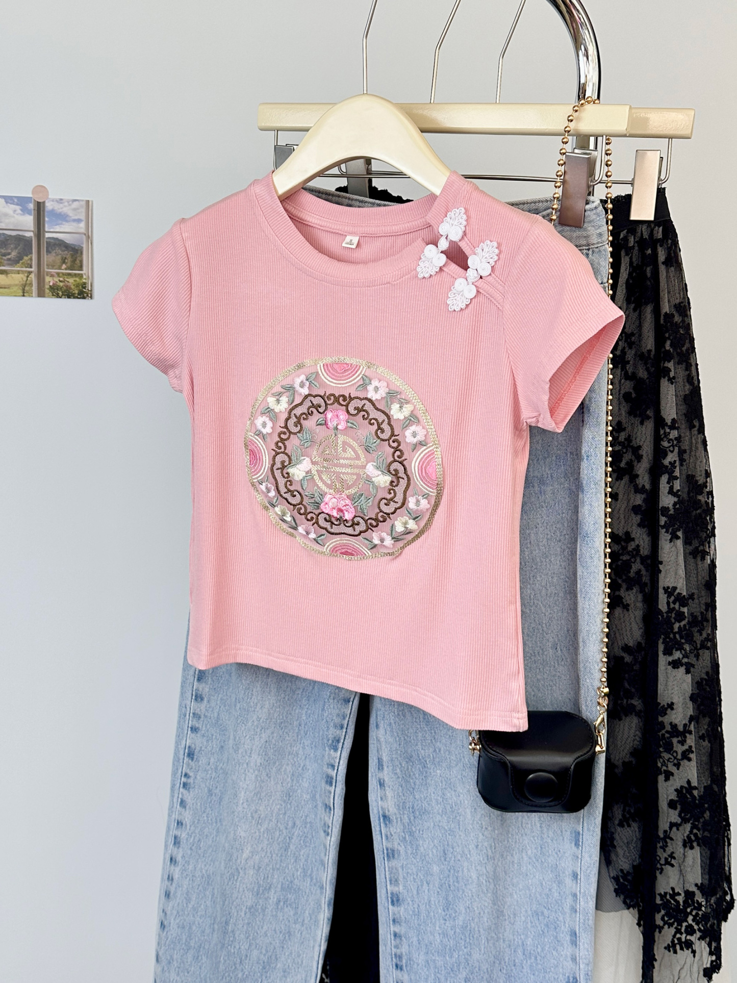 Real Shot Cost-Effective New Chinese Style 2*2 Modal Short-Sleeved T-shirt Women's Summer Embroidered Slim Short Shoulder round Neck Top