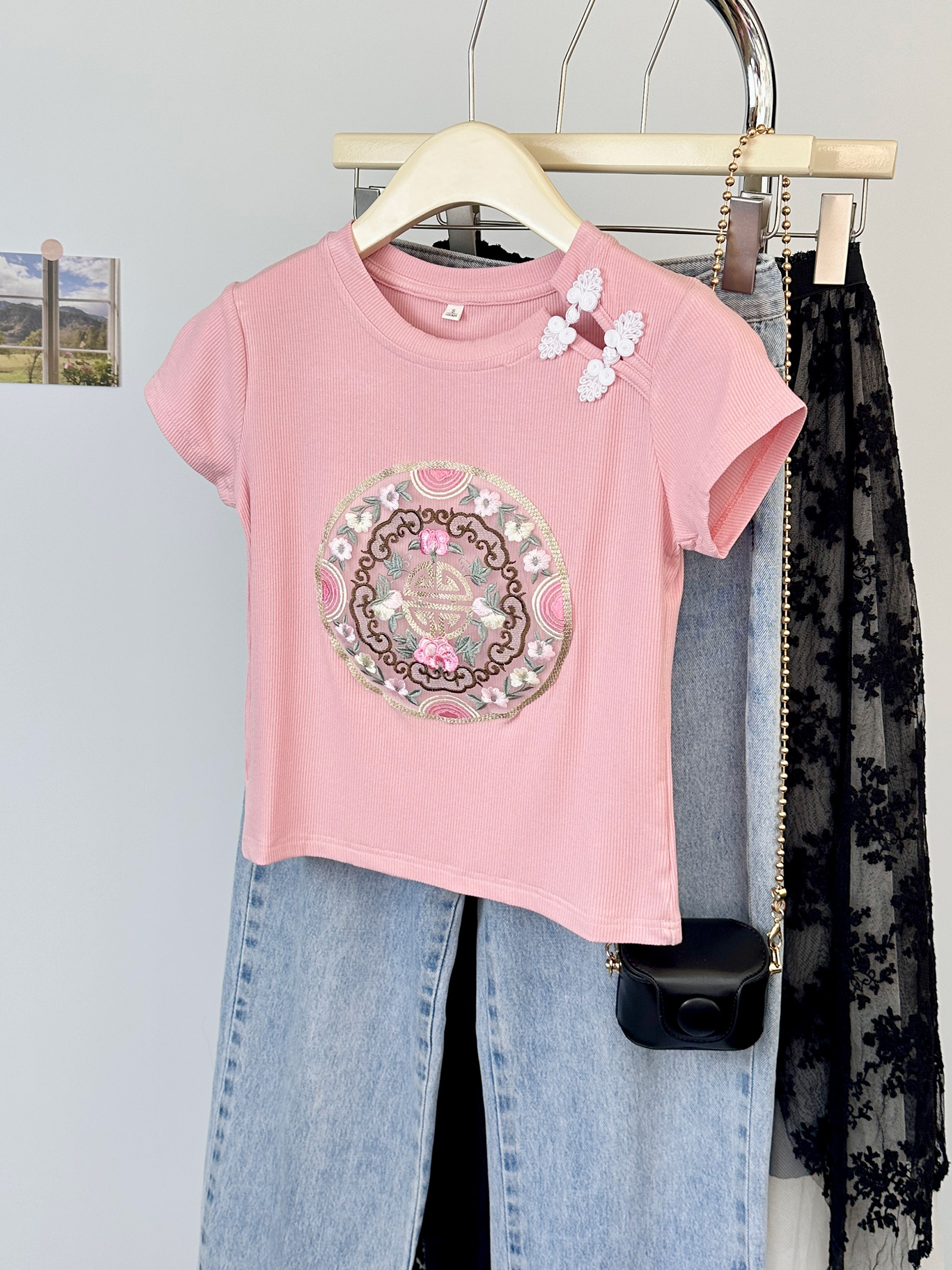 Real Shot Cost-Effective New Chinese Style 2*2 Modal Short-Sleeved T-shirt Women's Summer Embroidered Slim Short Shoulder round Neck Top