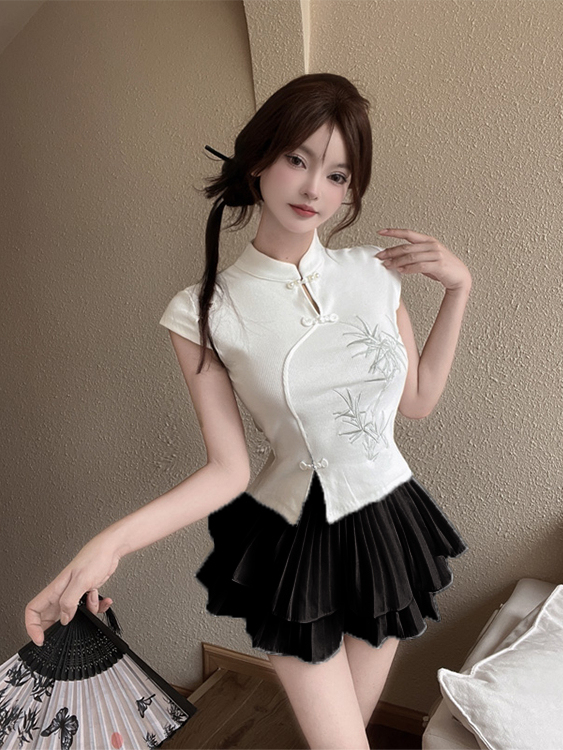 New Chinese Style Embroidered National Style Button Top Design Slimming Pleated Skirt Age-Reducing Workwear Two-Piece Set