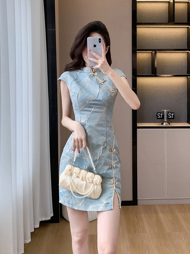 蓝色印花蕾丝中式2件套 High-End New Chinese Style Embossed Jacquard Feather Button Improved Cheongsam Dress