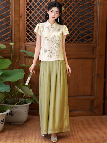 缎面盘扣上衣+裙裤套装 New Chinese Style Hanfu Satin Oblique Collar Heavy Embroidery Button Top with Ethnic Style Skirt Pants Set