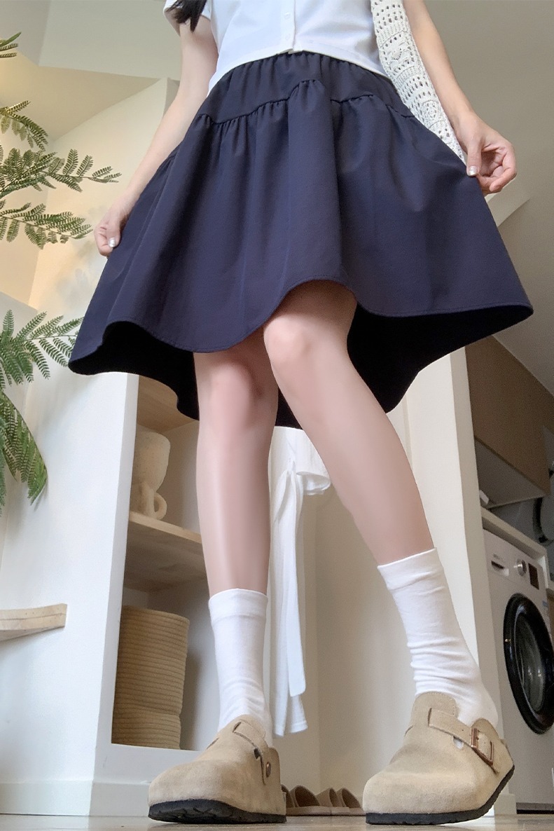 Real Shot Summer Japanese Style Thin Versatile Slimming Navy Blue Loose Wide Hem Five-Point Skirt Short Skirt Half Skirt for Women