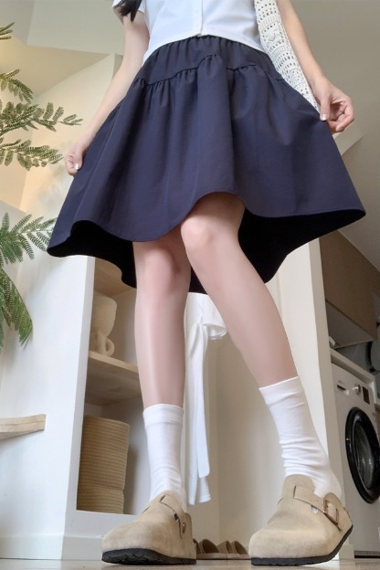 Real Shot Summer Japanese Style Thin Versatile Slimming Navy Blue Loose Wide Hem Five-Point Skirt Short Skirt Half Skirt for Women