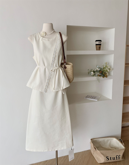 2025 Spring/Summer New Korean Style Elegant Lace Trim Sleeveless Top + High Waist Skirt Two-Piece Set for White Collar Workers