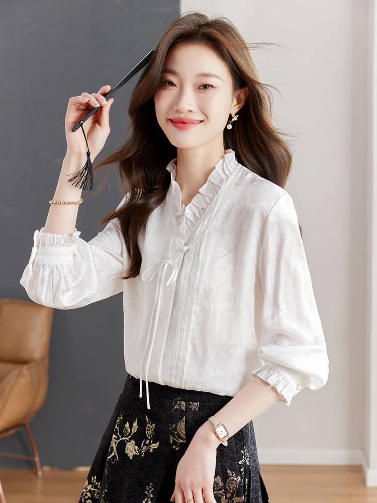 白荷新中式白衬衫 Spring White Lotus New Chinese Style White Shirt with Ma Face Skirt Matching Long Sleeve Daily Commuting National Style Versatile Top