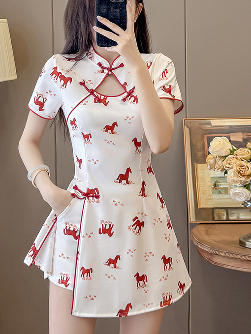Real Shot New Style New Chinese Style Fashion Suit Petite Cheongsam Dress Socialite Style Dress Suit Two-Piece Set