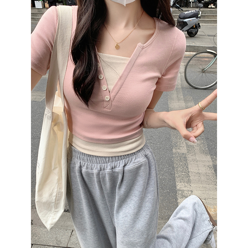 Faux Layered V-Neck Top 假两件V领上衣*4 Colors