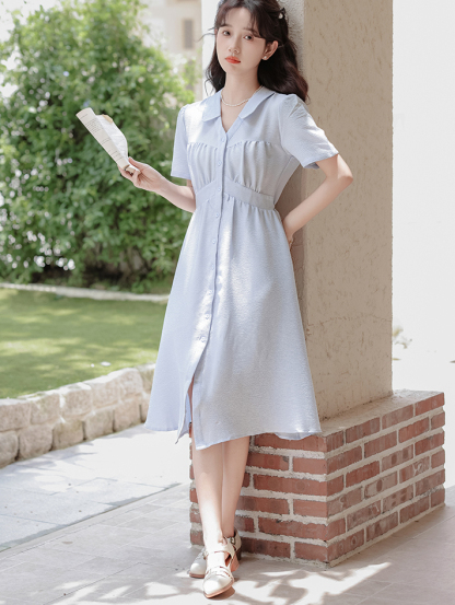 French Retro Blue Short-Sleeved Dress Women's 2024 Summer New V-neck Elegant A- line Midi Dress 40
