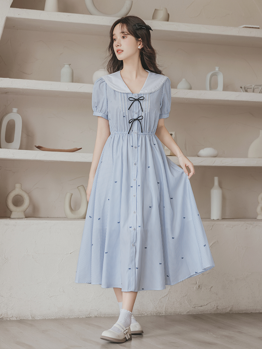 Fresh Dress College Style Age-Reducing Sailor Collar Bow Jacquard Fitted Waist Striped Long Dress 50