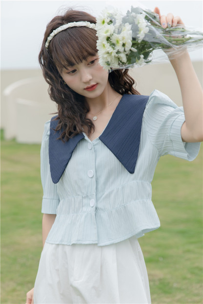 法式复古大翻领短款衬衫* 2 Colors