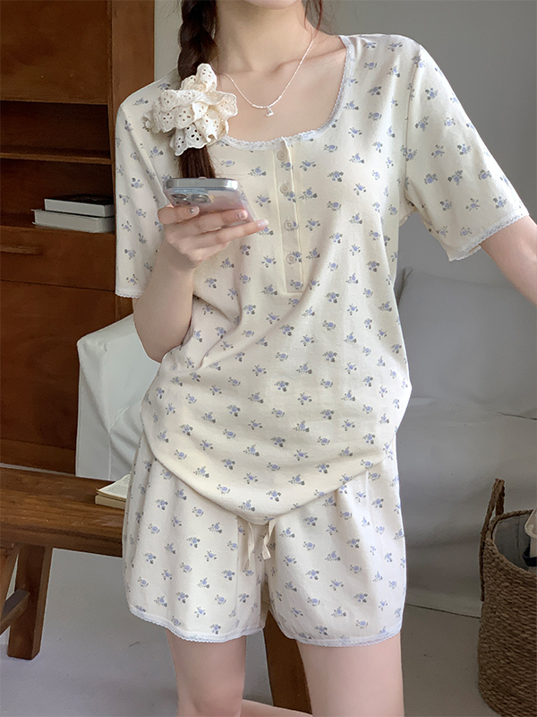 Sweet Lace Floral Homewear Set 碎花蕾丝花边两件套家居服