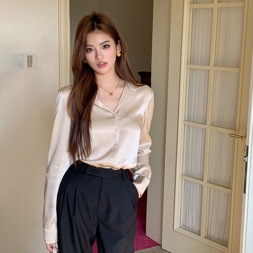 PARVÉ Satin V-Neck Blouse V领缎面醋酸衬衫