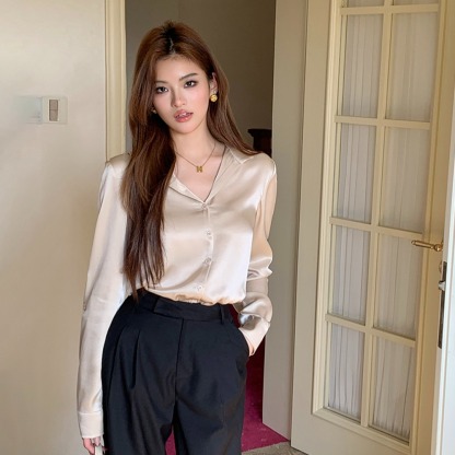 PARVÉ Satin V-Neck Blouse V领缎面醋酸衬衫
