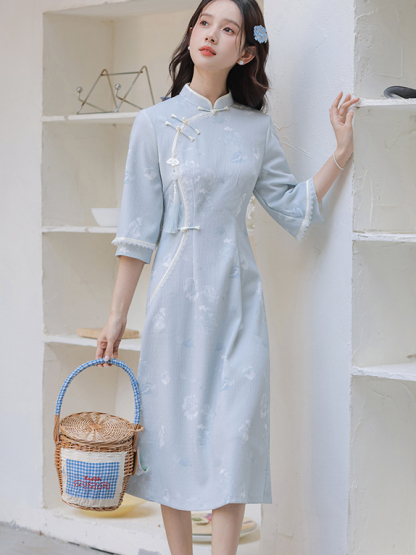 蓝色碎花淑女旗袍 Blue Floral Lady Style Inverted Large Sleeve Cheongsam