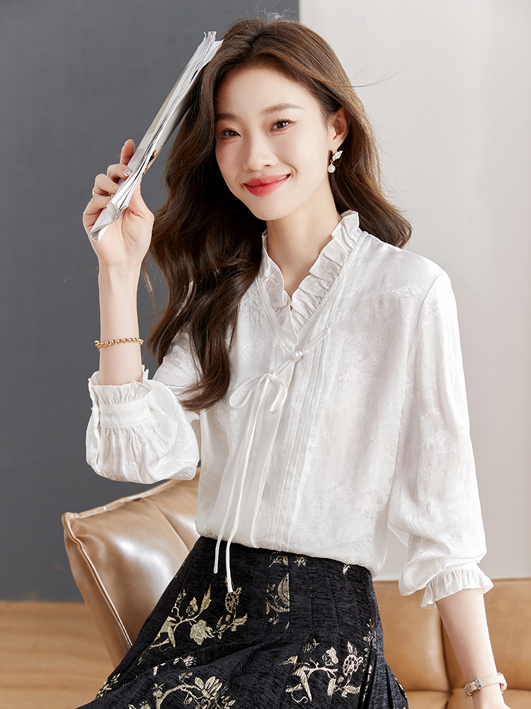 白荷新中式白衬衫 Spring White Lotus New Chinese Style White Shirt with Ma Face Skirt Matching Long Sleeve Daily Commuting National Style Versatile Top