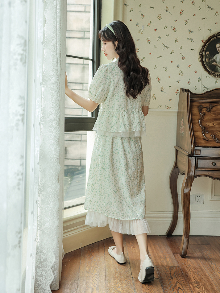 Green Shivering Embroidery Suit New Chinese Style Puff Sleeve Top Women's Fresh Sweet Skirt Price Limit 40