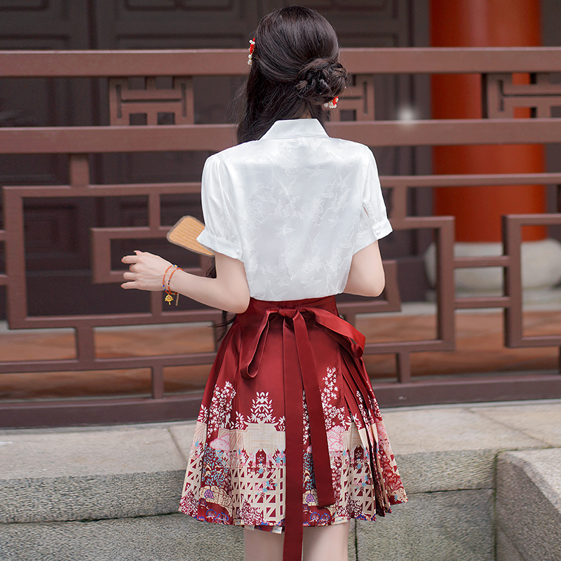 Real Shot Spot New Chinese Style Jacquard Shirt Short Horse-Face Skirt Improved Hanfu Pleated Skirt Two-Piece Suit