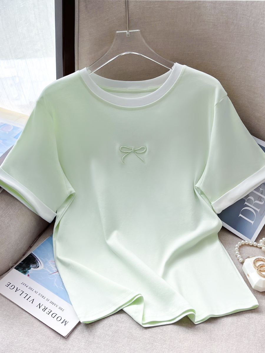 Starting Real Shot Spot ~ Summer New High Quality Refreshing Ice Cream Color Stitching Bow Embroidered Cotton T-shirt
