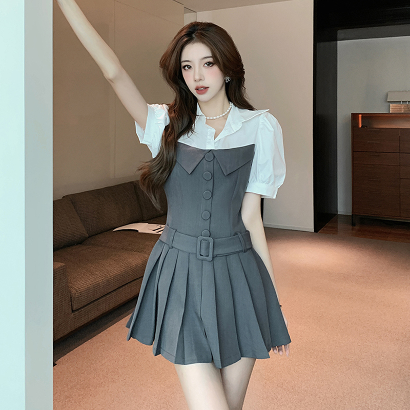 Classic Pleated Faux Layer Blazer Skirt 复古拼接假两件百褶西装裙