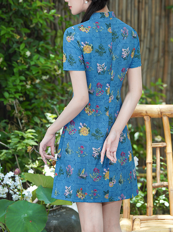 Fresh Floral Print Improved Cheongsam New Chinese Style Retro Age-Reducing Commuting Daily Wear Dress