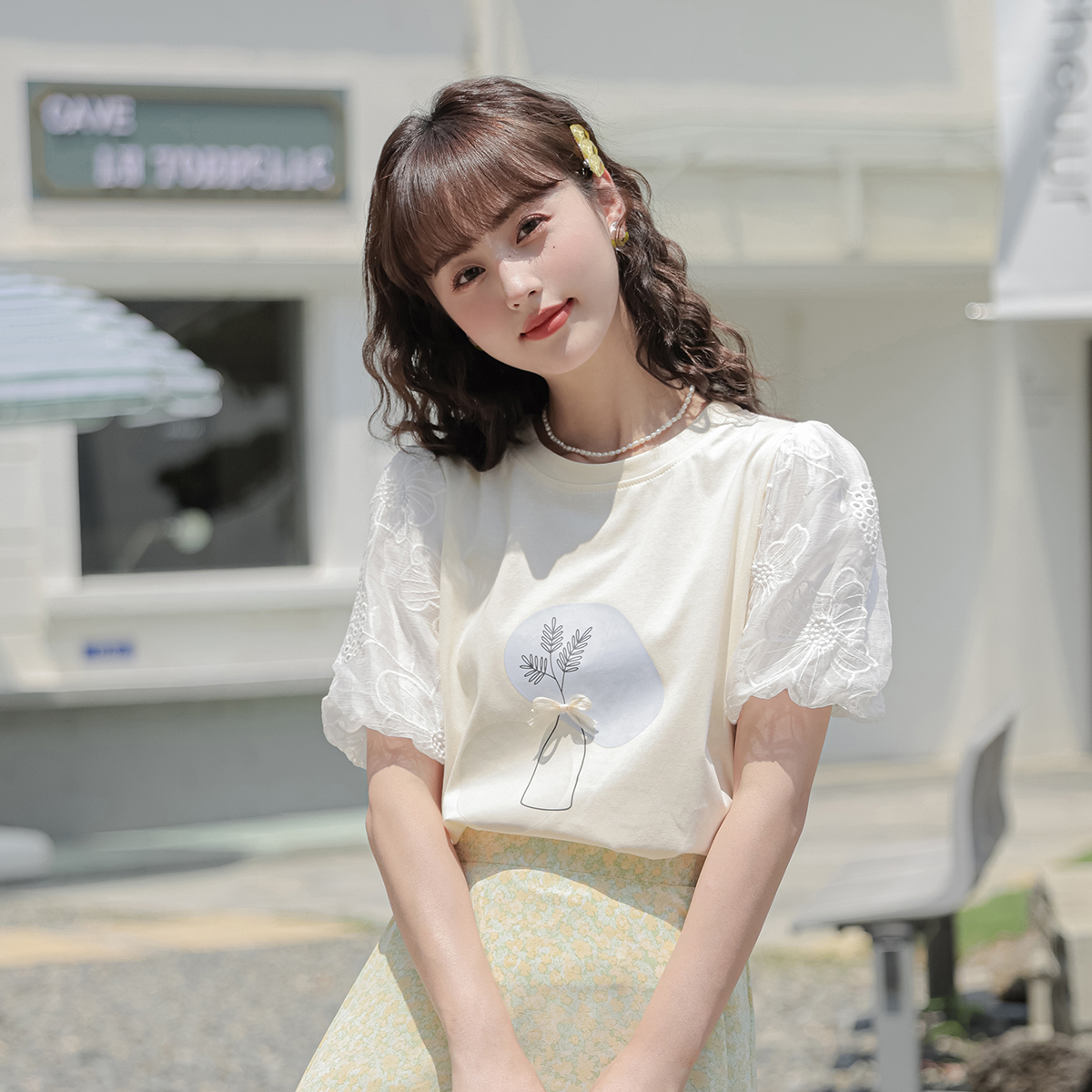 Floral Patterned Puff Sleeve Tee 植物印花泡泡袖T恤*2 Colors