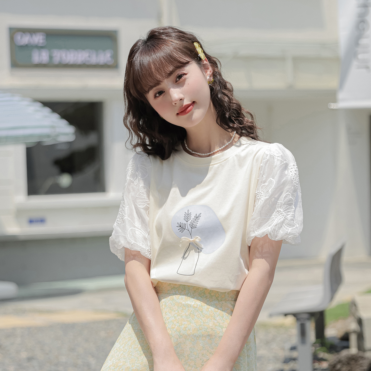 Floral Patterned Puff Sleeve Tee 植物印花泡泡袖T恤*2 Colors