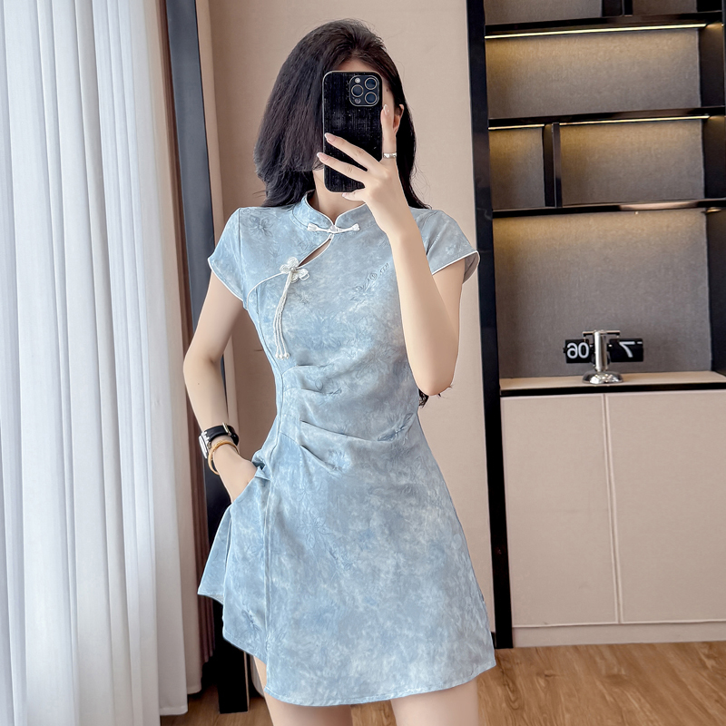 Real Shot New Chinese Style Improved Cheongsam Jacquard Slightly Elastic Dress Shorts Two-piece Set