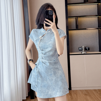 Real Shot New Chinese Style Improved Cheongsam Jacquard Slightly Elastic Dress Shorts Two-piece Set