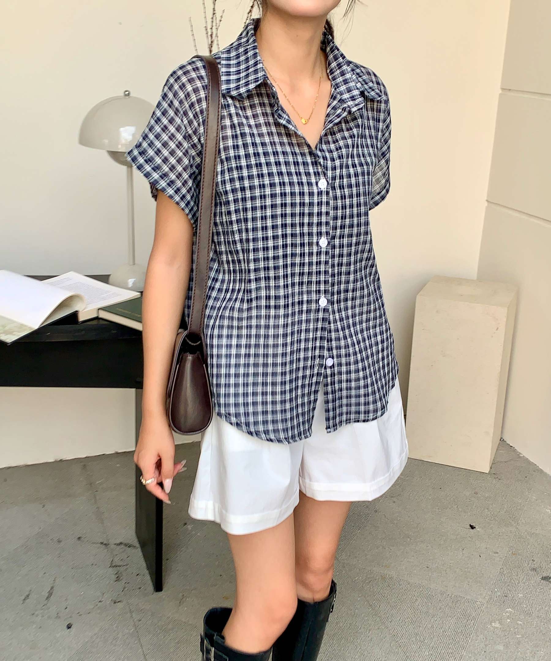 Casual Retro Plaid Blouse 复古风短袖格子衬衫*2 Colors