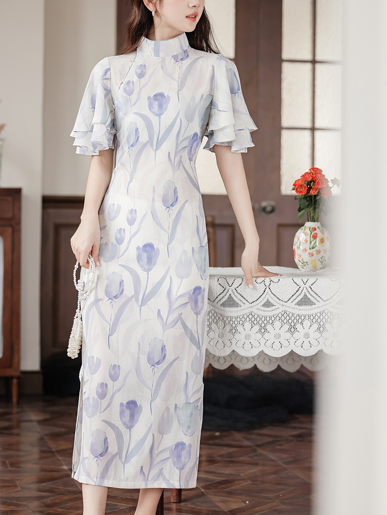 Smooth Skin Snow | New Girls Lived during the Republic of China Lotus Leaf Sleeve Tulip Long Cheongsam Slim Spring and Summer Young New Chinese Style 40