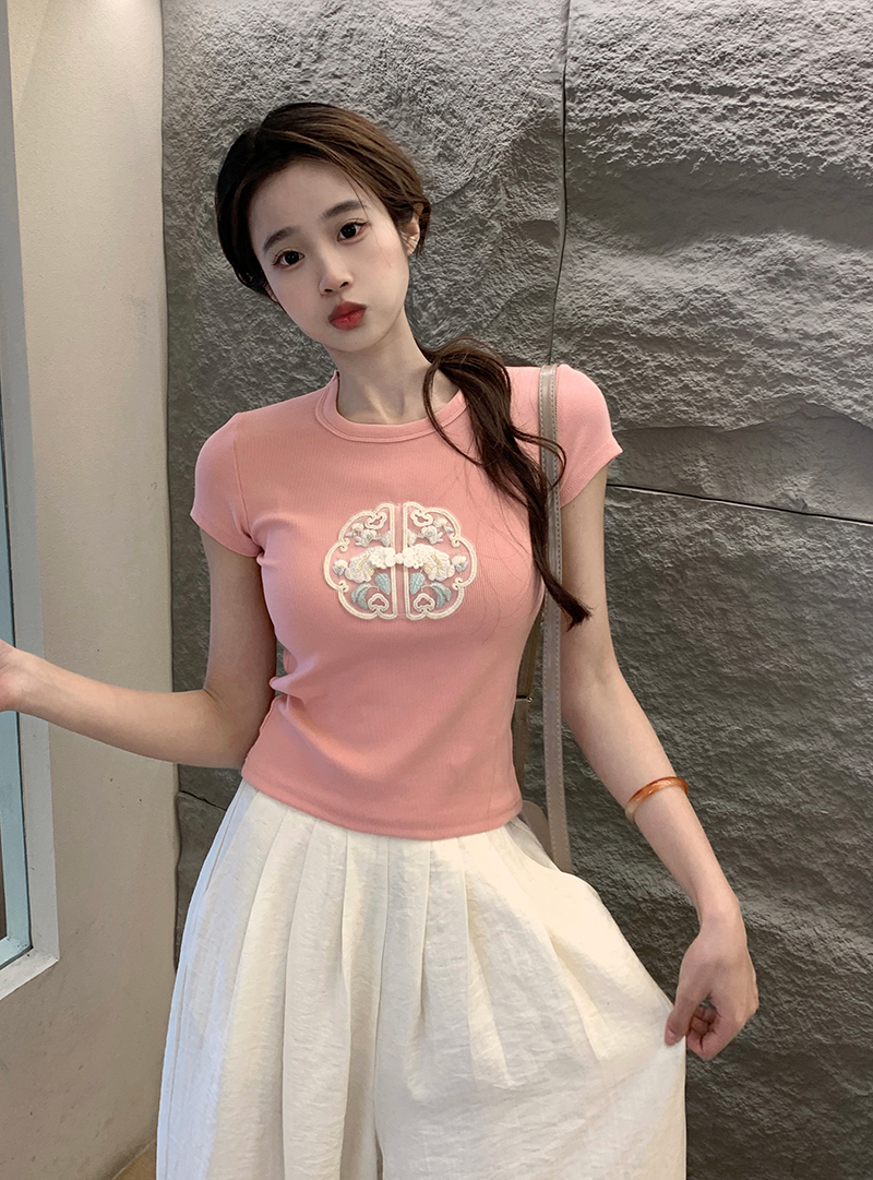 Ribbed Texture Embroidered Crop Tee 刺绣螺纹短款t恤*4 Colors 