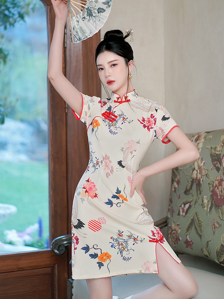 National Trend Printed Qipao Summer New Improved Style for Petite Young Girls New Chinese Style National Style Dress