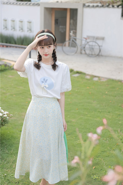 Floral Patterned Puff Sleeve Tee 植物印花泡泡袖T恤*2 Colors