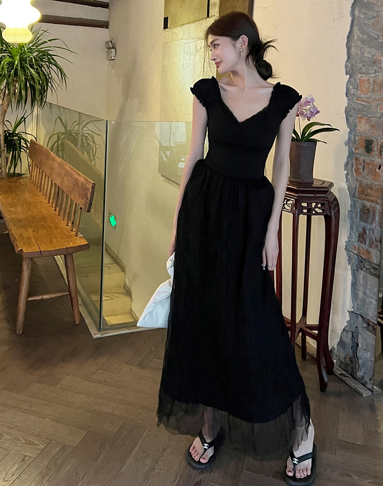 V-Neck Tulle and Mesh Dress法式气质V领拼接纱裙*2Colors