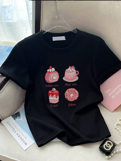 First Real Shot High Quality Combed Cotton ~ Procurement Service of Korean Products Style Younger Oil Painting Letter Short Sleeve T-shirt Women's Cotton Shoulder Top